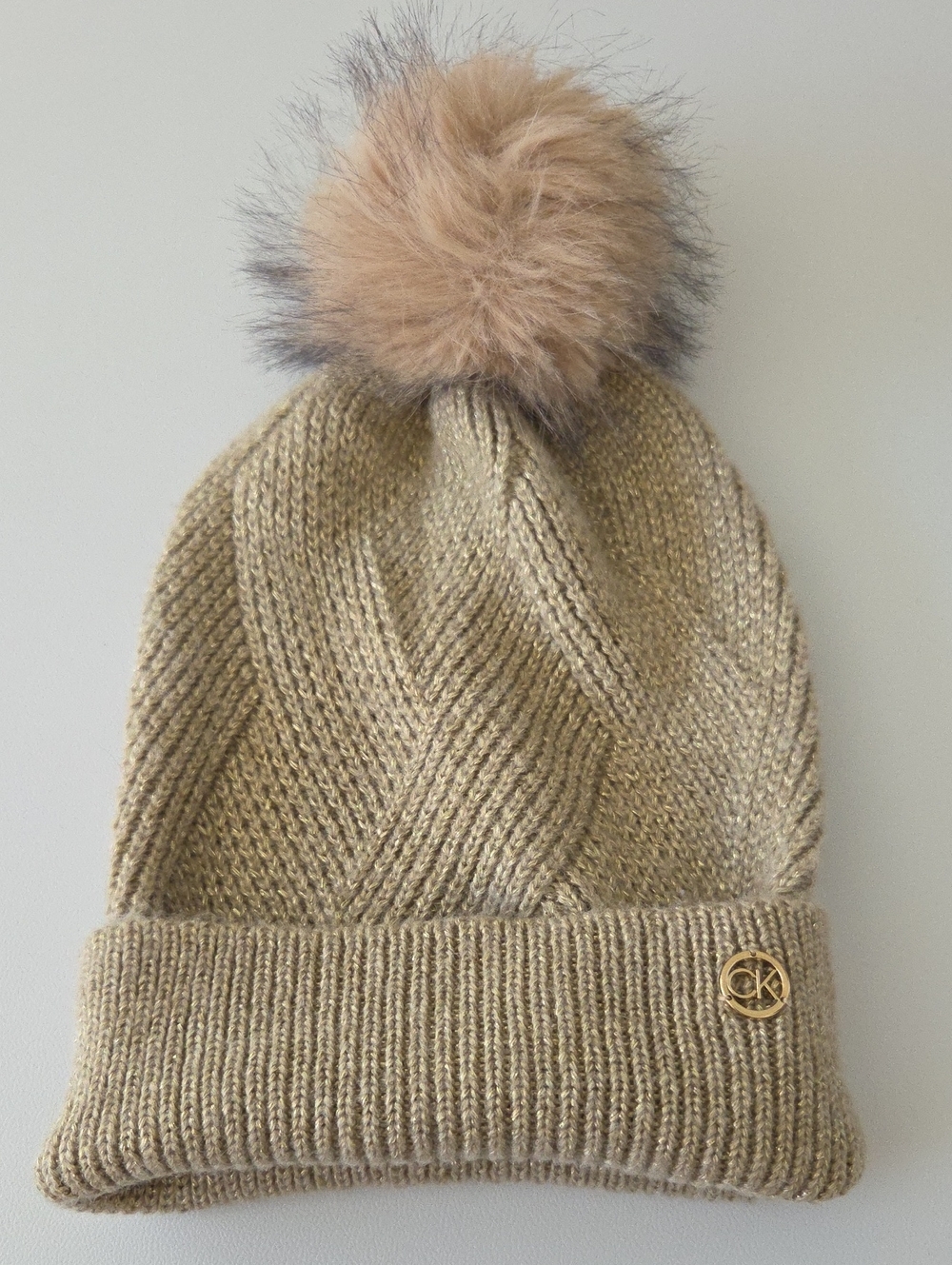 Calvin Klein Tan with Gold Shimmer Knit Beanie with Faux Fur Pom